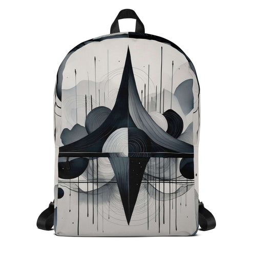 Form Finding Design AD7 backpack – front view of medium all-over print backpack with monochrome abstract geometric artwork in black, charcoal and pale grey, large front pocket panel, top carry loop and black straps.