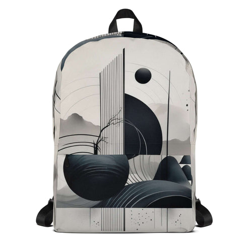Form Finding Design AD8 backpack – front view of medium all-over print backpack with monochrome abstract geometric artwork in black, charcoal and pale grey, large front pocket panel, top carry loop and black straps.