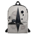 Form Finding Design AD9 backpack – front view of medium all-over print backpack with monochrome abstract geometric artwork in black, charcoal and pale grey, large front pocket panel, top carry loop and black straps.
