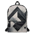 Form Finding Design AD10 backpack – front view of medium all-over print backpack with monochrome abstract geometric artwork in black, charcoal and pale grey, large front pocket panel, top carry loop and black straps.