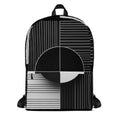 Form Finding Design AG7 backpack, front view on white background — medium all-over print backpack with bold black-and-white abstract geometric collage artwork, top carry handle and zip front pocket.