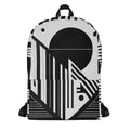 Form Finding Design AG9 backpack, front view on white background — medium all-over print backpack with bold black-and-white abstract geometric collage artwork, top carry handle and zip front pocket.