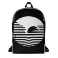 Form Finding Design AG10 backpack, front view on white background — medium all-over print backpack with bold black-and-white abstract geometric collage artwork, top carry handle and zip front pocket.