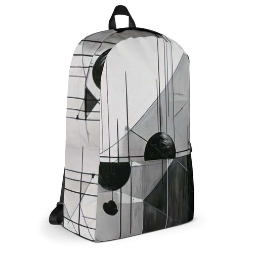 Three-quarter side view of Form Finding Design AD5 backpack showing the wraparound monochrome geometric artwork across the side panels, structured profile, top handle and black straps.