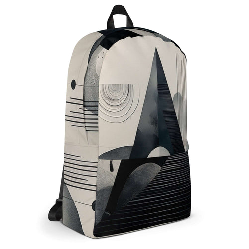 Three-quarter side view of Form Finding Design AD6 backpack showing the wraparound monochrome geometric artwork across the side panels, structured profile, top handle and black straps.