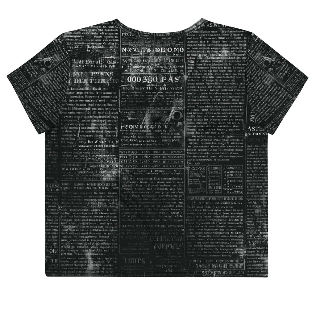 Flat studio mockup of Form Finding Design “Women’s Era Print” crop tee, back — monochrome handwritten script collage across body and sleeves; crew neck, cropped hem; The Signature Collective.