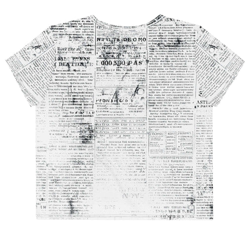 Flat studio mockup of Form Finding Design “Women’s Era Print (No.02)” crop tee, back — monochrome handwritten script collage across body and sleeves; crew neck, cropped hem; The Signature Collective.