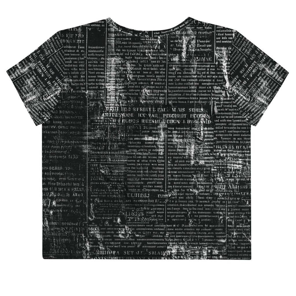 Flat studio mockup of Form Finding Design “Women’s Era Print (No.05)” crop tee, back — monochrome handwritten script collage across body and sleeves; crew neck, cropped hem; The Signature Collective.