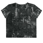 Flat studio mockup of Form Finding Design “Women’s Era Print (No.05)” crop tee, back — monochrome handwritten script collage across body and sleeves; crew neck, cropped hem; The Signature Collective.