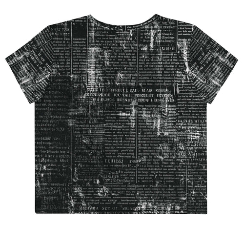 Flat studio mockup of Form Finding Design “Women’s Era Print (No.05)” crop tee, back — monochrome handwritten script collage across body and sleeves; crew neck, cropped hem; The Signature Collective.