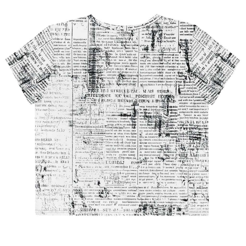 Flat studio mockup of Form Finding Design “Women’s Era Print (No.06)” crop tee, back — monochrome handwritten script collage across body and sleeves; crew neck, cropped hem; The Signature Collective.
