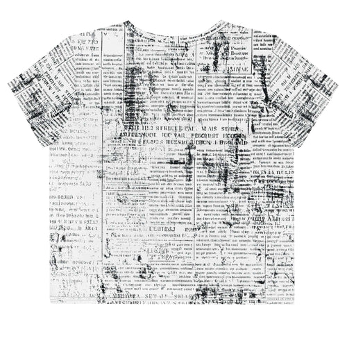 Flat studio mockup of Form Finding Design “Women’s Era Print (No.06)” crop tee, back — monochrome handwritten script collage across body and sleeves; crew neck, cropped hem; The Signature Collective.
