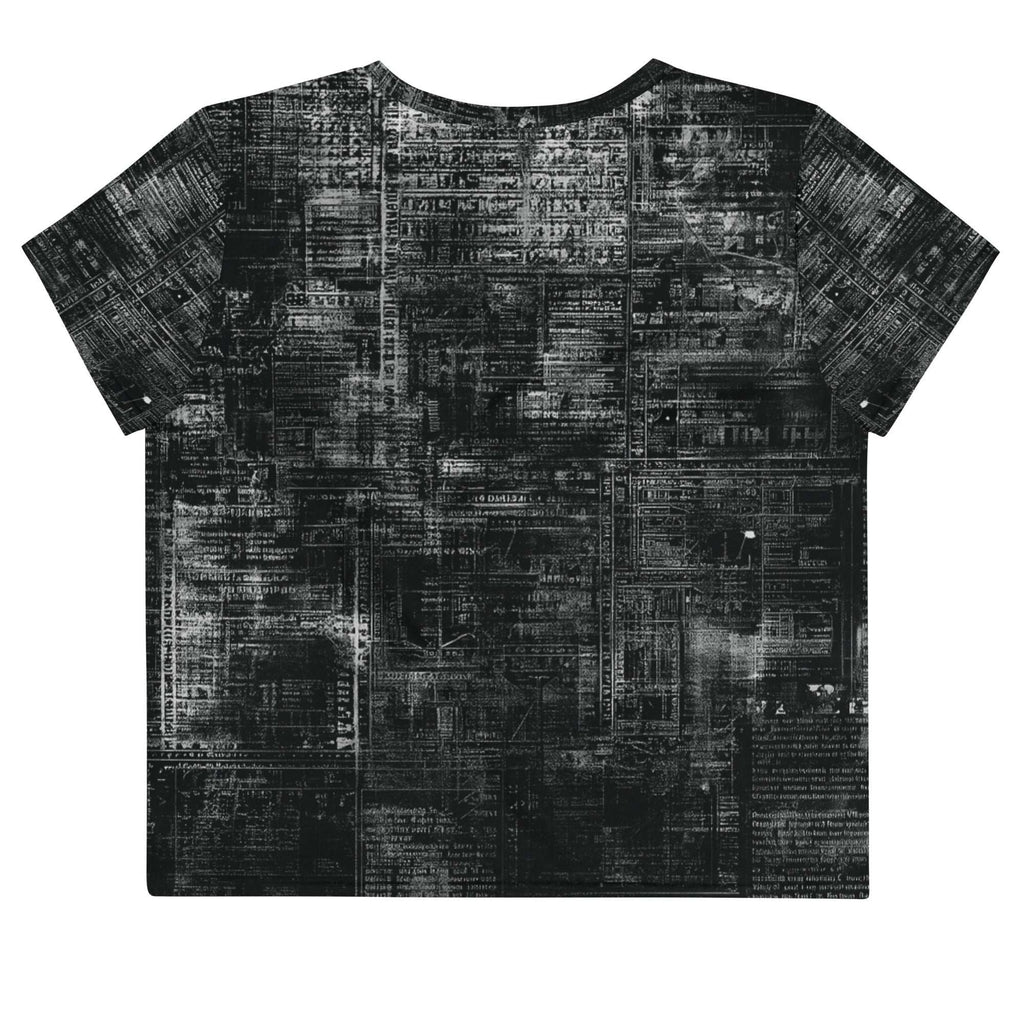 Flat studio mockup of Form Finding Design “Women’s Era Print (No.09)” crop tee, back — monochrome handwritten script collage across body and sleeves; crew neck, cropped hem; The Signature Collective.