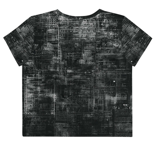 Flat studio mockup of Form Finding Design “Women’s Era Print (No.09)” crop tee, back — monochrome handwritten script collage across body and sleeves; crew neck, cropped hem; The Signature Collective.