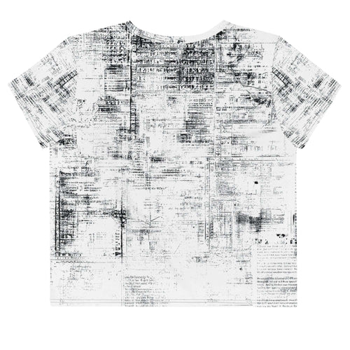 Flat studio mockup of Form Finding Design “Women’s Era Print (No.10)” crop tee, back — monochrome handwritten script collage across body and sleeves; crew neck, cropped hem; The Signature Collective.