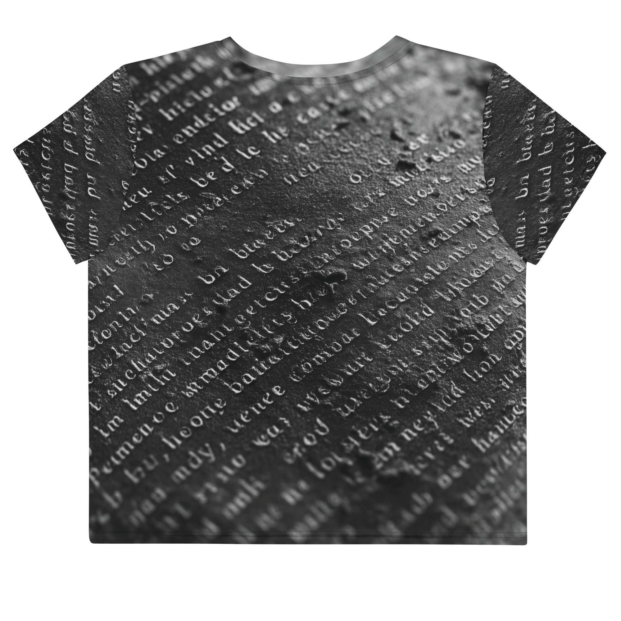 Flat studio mockup of Form Finding Design “Women’s Era Print (No.15)” crop tee, back — monochrome handwritten script collage across body and sleeves; crew neck, cropped hem; The Signature Collective.