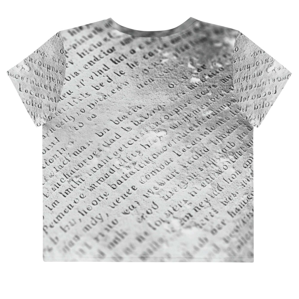Flat studio mockup of Form Finding Design “Women’s Era Print (No.16)” crop tee, back — monochrome handwritten script collage across body and sleeves; crew neck, cropped hem; The Signature Collective.