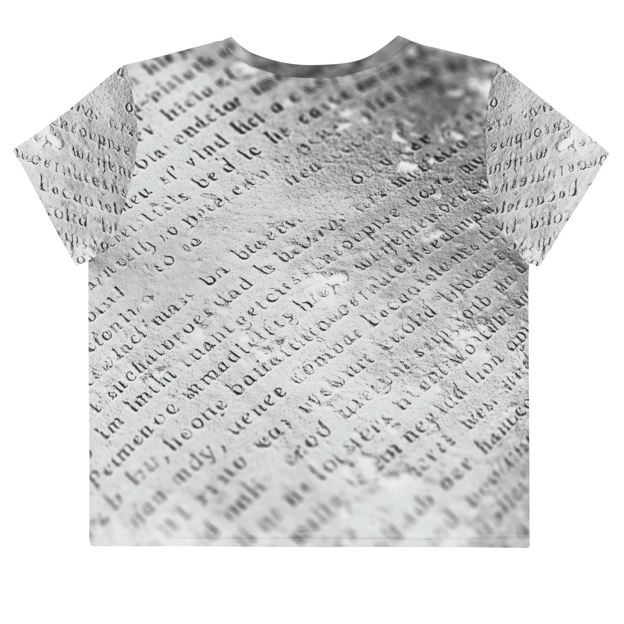 Flat studio mockup of Form Finding Design “Women’s Era Print (No.16)” crop tee, back — monochrome handwritten script collage across body and sleeves; crew neck, cropped hem; The Signature Collective.