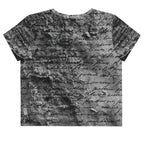 Flat studio mockup of Form Finding Design “Women’s Era Print (No.17)” crop tee, back — monochrome handwritten script collage across body and sleeves; crew neck, cropped hem; The Signature Collective.