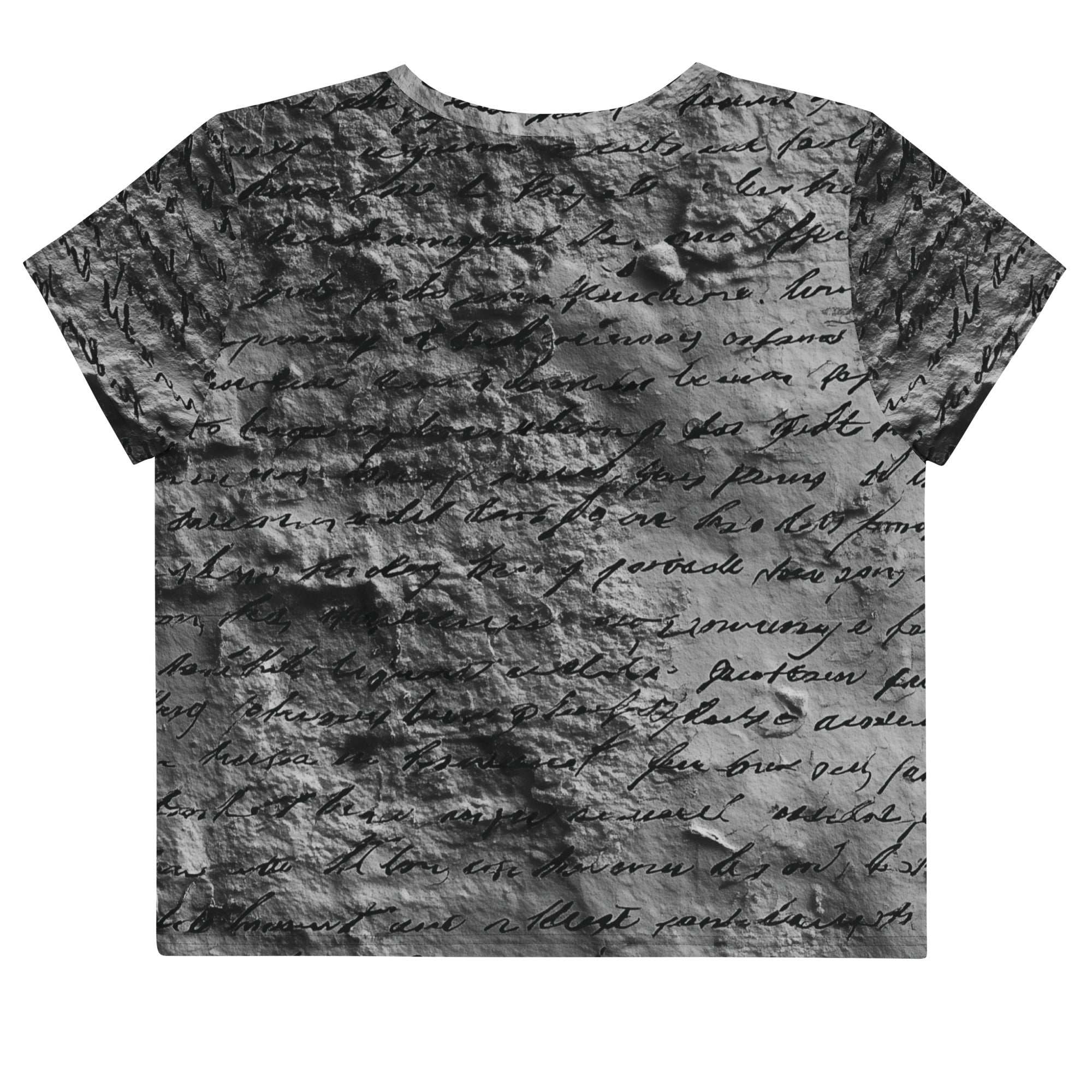 Flat studio mockup of Form Finding Design “Women’s Era Print (No.17)” crop tee, back — monochrome handwritten script collage across body and sleeves; crew neck, cropped hem; The Signature Collective.