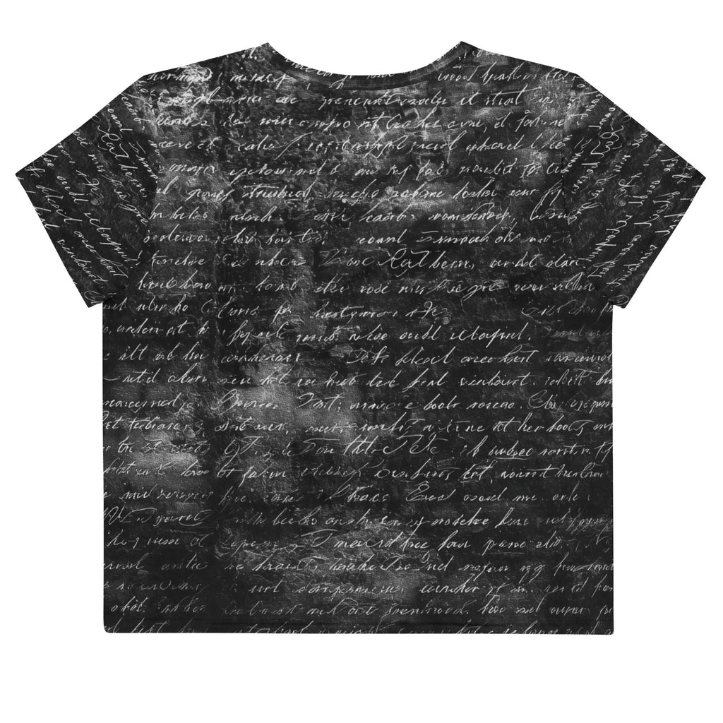 Flat studio mockup of Form Finding Design “Women’s Era Print (No.19)” crop tee, back — monochrome handwritten script collage across body and sleeves; crew neck, cropped hem; The Signature Collective.