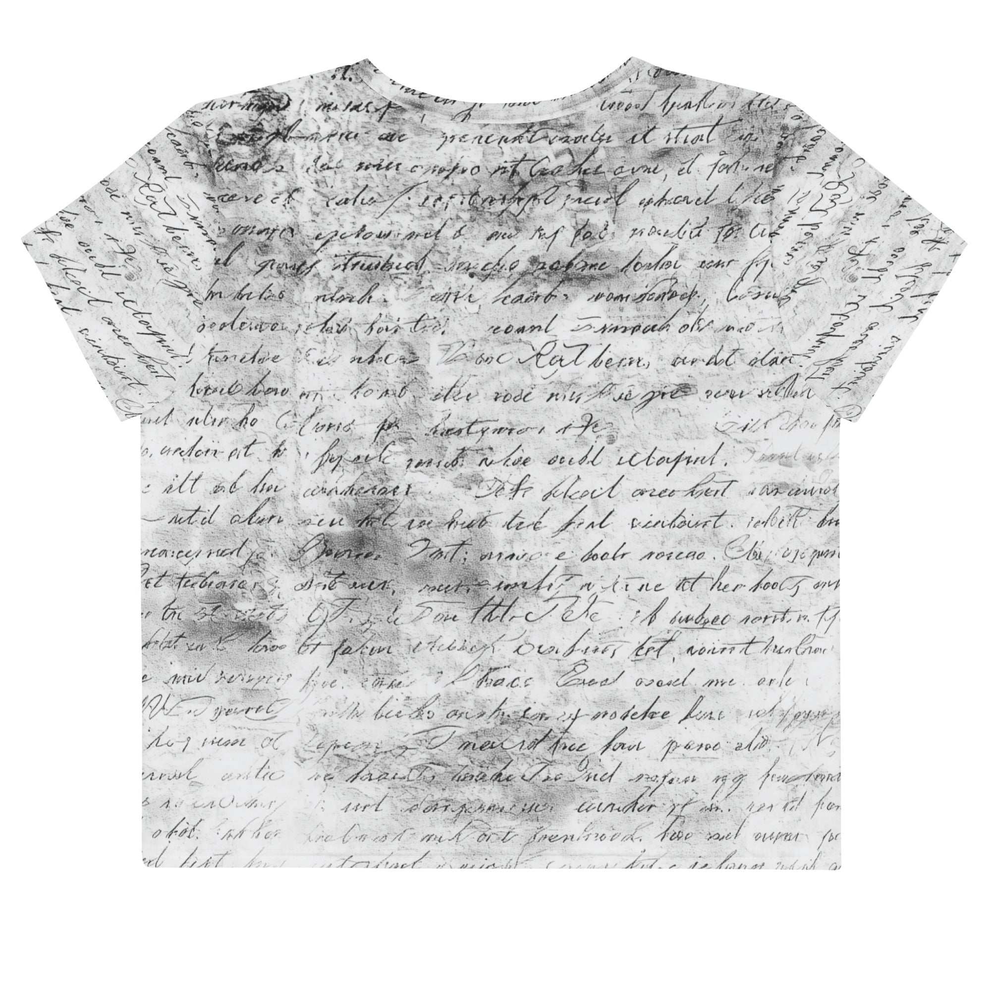 Flat studio mockup of Form Finding Design “Women’s Era Print (No.20)” crop tee, back — monochrome handwritten script collage across body and sleeves; crew neck, cropped hem; The Signature Collective.