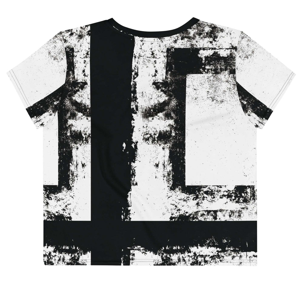 Back view of Women's Era Stamp crop top with bold black and white geometries, distressed ink texture, crew neck, short sleeves.