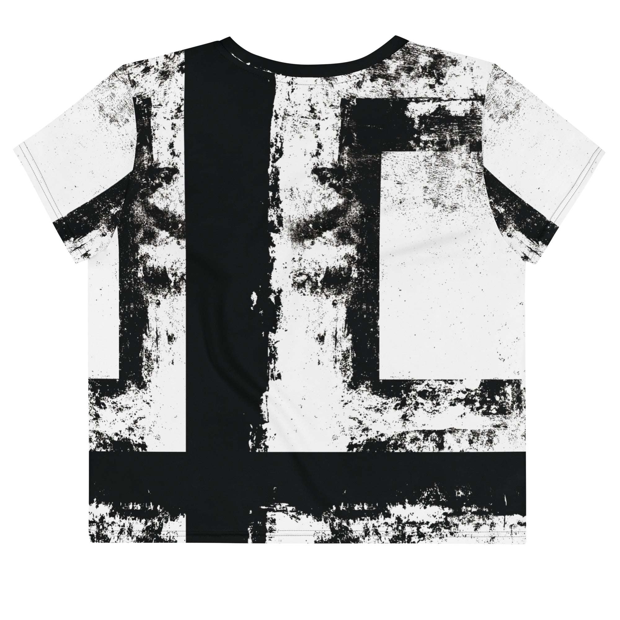 Back view of Women's Era Stamp crop top with bold black and white geometries, distressed ink texture, crew neck, short sleeves.
