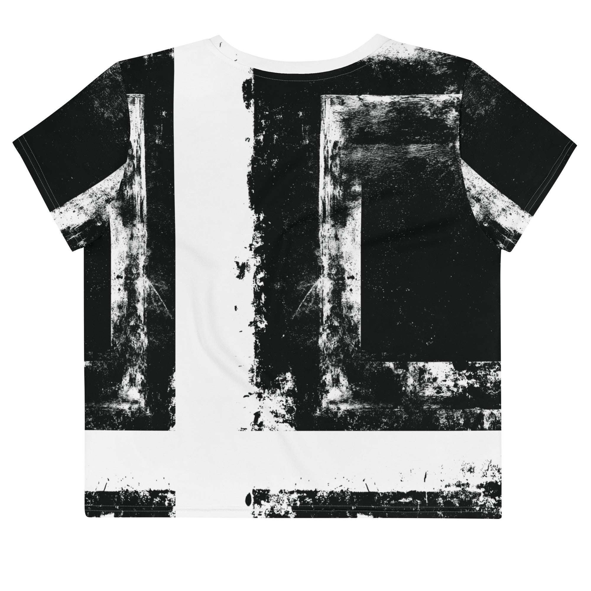 Back view of Women's Era Stamp (No.02) crop top with bold black and white geometries, distressed ink texture, crew neck, short sleeves.