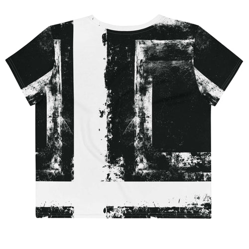 Back view of Women's Era Stamp (No.02) crop top with bold black and white geometries, distressed ink texture, crew neck, short sleeves.