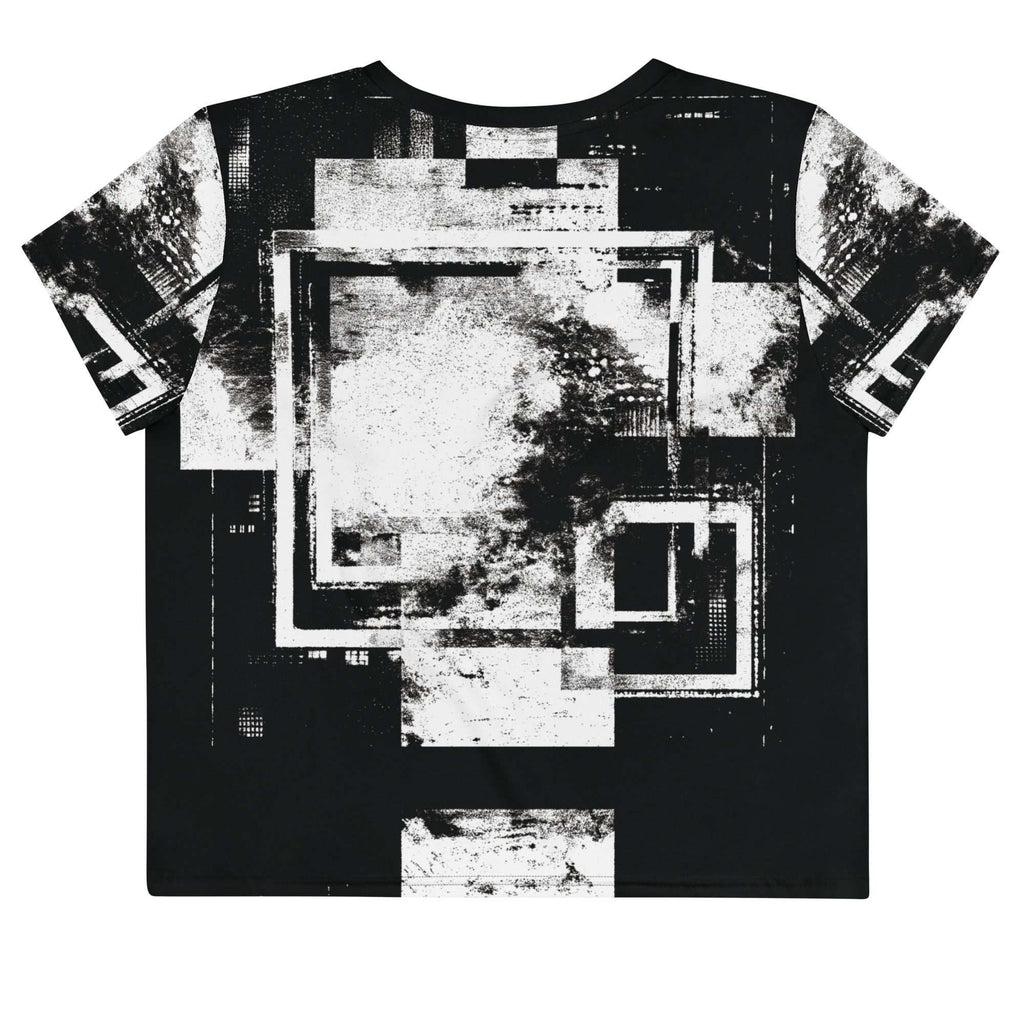 Back view of Women's Era Stamp (No.03) crop top with bold black and white geometries, distressed ink texture, crew neck, short sleeves.