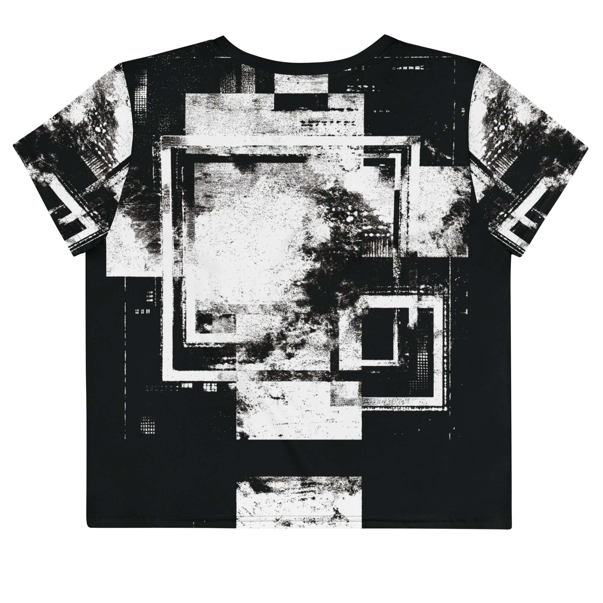 Back view of Women's Era Stamp (No.03) crop top with bold black and white geometries, distressed ink texture, crew neck, short sleeves.
