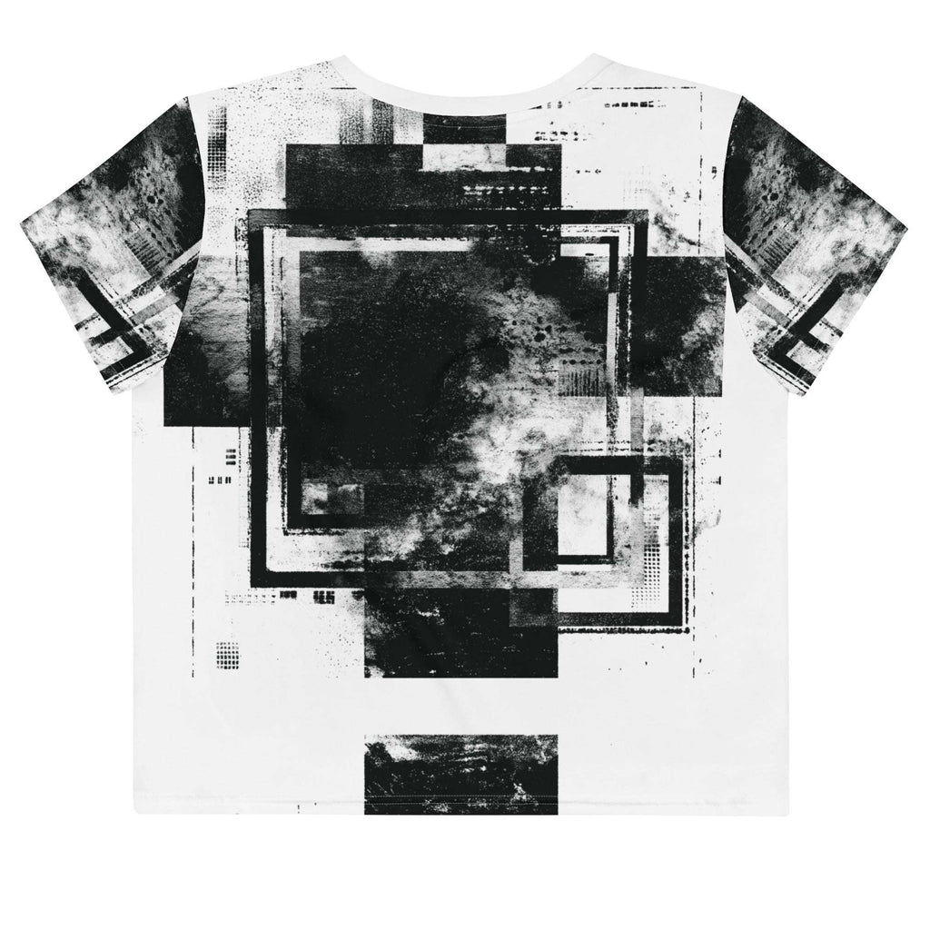 Back view of Women's Era Stamp (No.04) crop top with bold black and white geometries, distressed ink texture, crew neck, short sleeves.