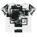 Back view of Women's Era Stamp (No.04) crop top with bold black and white geometries, distressed ink texture, crew neck, short sleeves.