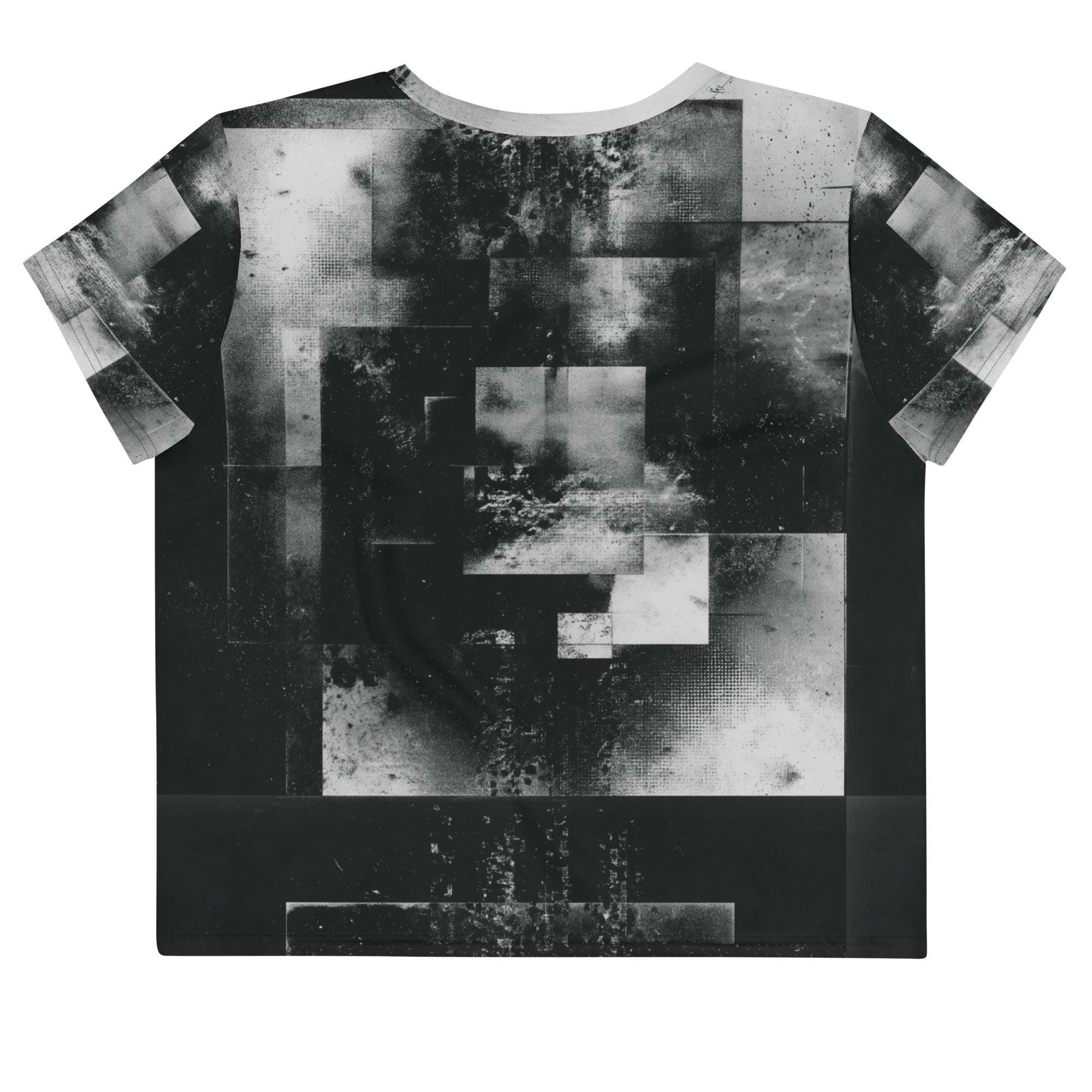 Back view of Women's Era Stamp (No.05) crop top with bold black and white geometries, distressed ink texture, crew neck, short sleeves.