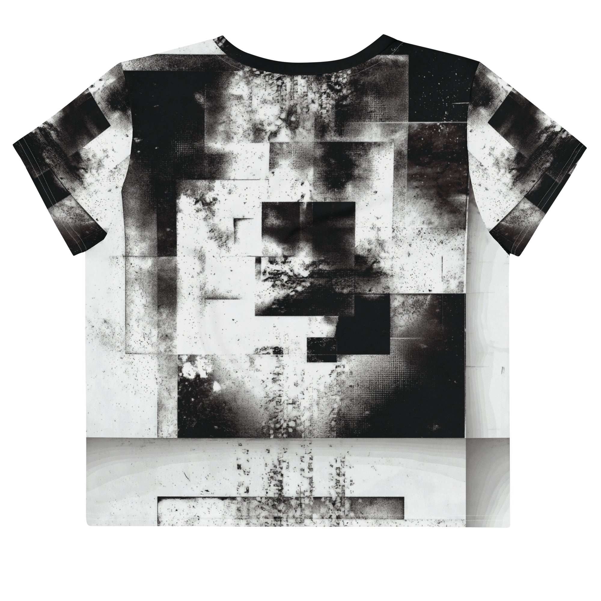 Back view of Women's Era Stamp (No.06) crop top with bold black and white geometries, distressed ink texture, crew neck, short sleeves.