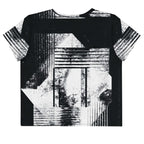 Back view of Women's Era Stamp (No.07) crop top with bold black and white geometries, distressed ink texture, crew neck, short sleeves.