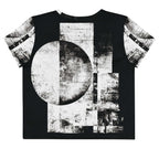 Back view of Women's Era Stamp (No.09) crop top with bold black and white geometries, distressed ink texture, crew neck, short sleeves.