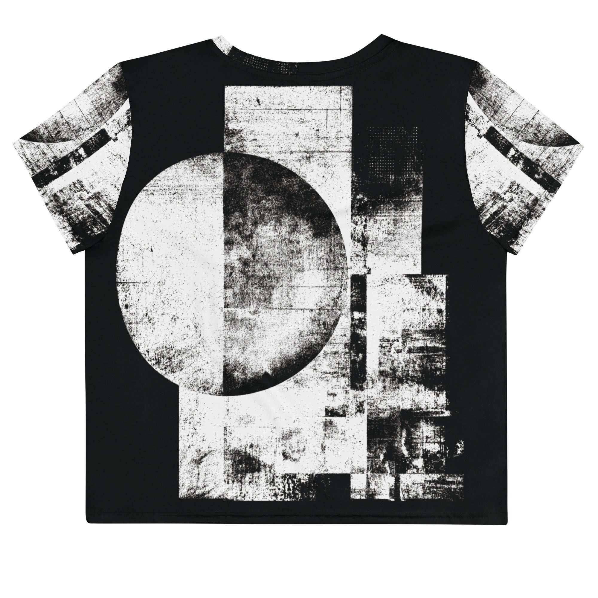Back view of Women's Era Stamp (No.09) crop top with bold black and white geometries, distressed ink texture, crew neck, short sleeves.