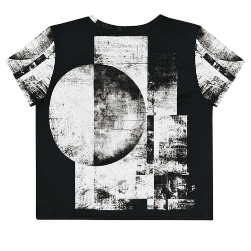 Back view of Women's Era Stamp (No.09) crop top with bold black and white geometries, distressed ink texture, crew neck, short sleeves.