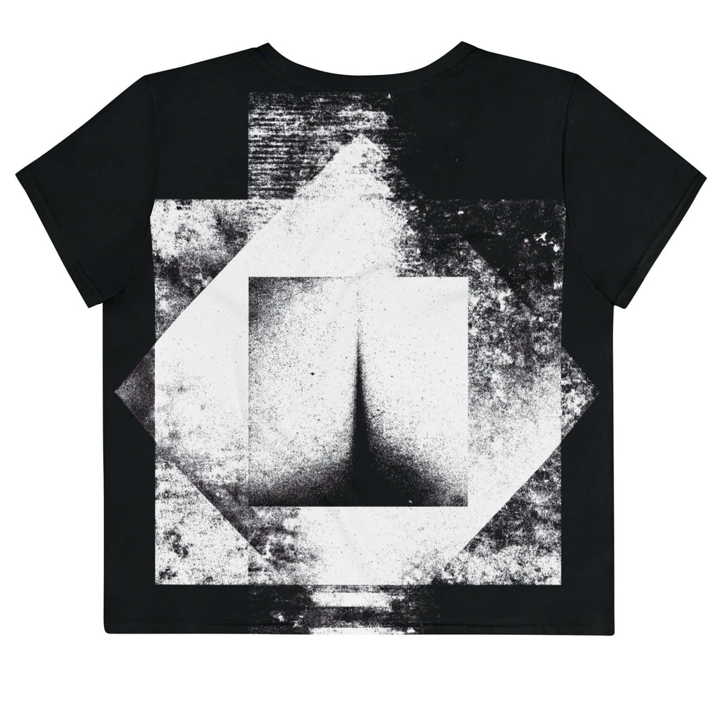 Back view of Women's Era Stamp (No.11) crop top with bold black and white geometries, distressed ink texture, crew neck, short sleeves.