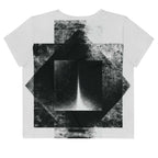 Back view of Women's Era Stamp (No.12) crop top with bold black and white geometries, distressed ink texture, crew neck, short sleeves.