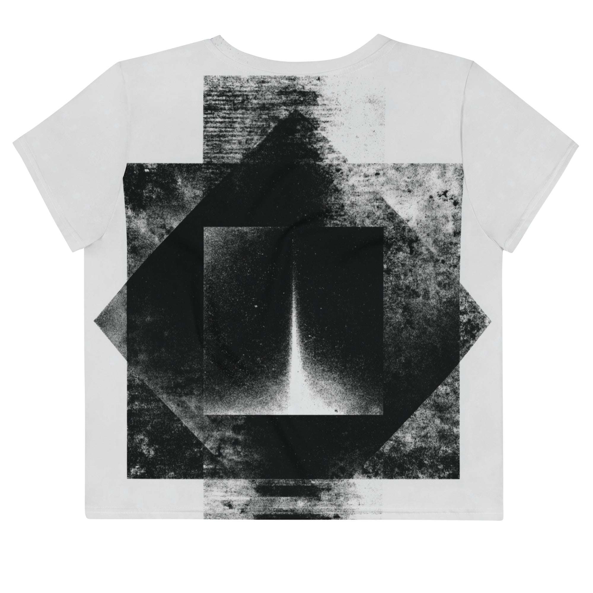 Back view of Women's Era Stamp (No.12) crop top with bold black and white geometries, distressed ink texture, crew neck, short sleeves.