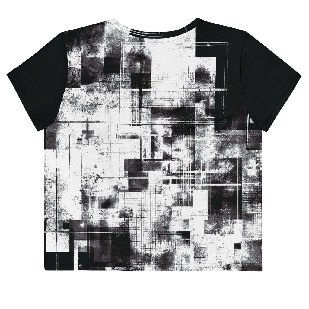Back view of Women's Era Stamp (No.13) crop top with bold black and white geometries, distressed ink texture, crew neck, short sleeves.