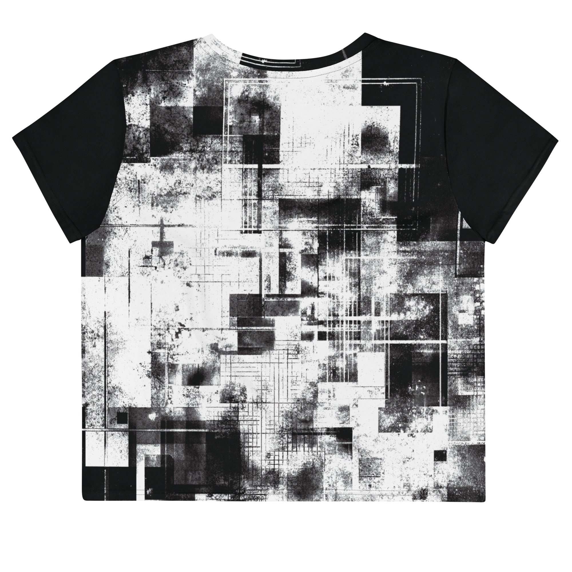 Back view of Women's Era Stamp (No.13) crop top with bold black and white geometries, distressed ink texture, crew neck, short sleeves.