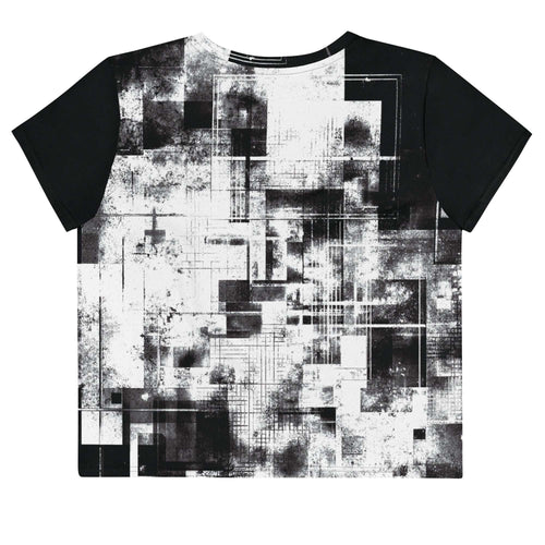 Back view of Women's Era Stamp (No.13) crop top with bold black and white geometries, distressed ink texture, crew neck, short sleeves.
