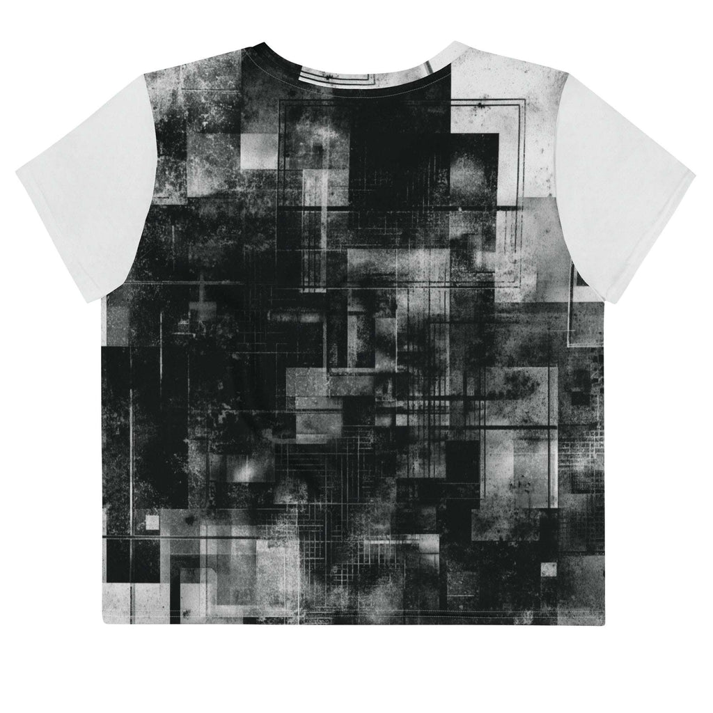 Back view of Women's Era Stamp (No.14) crop top with bold black and white geometries, distressed ink texture, crew neck, short sleeves.