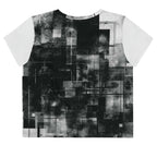 Back view of Women's Era Stamp (No.14) crop top with bold black and white geometries, distressed ink texture, crew neck, short sleeves.