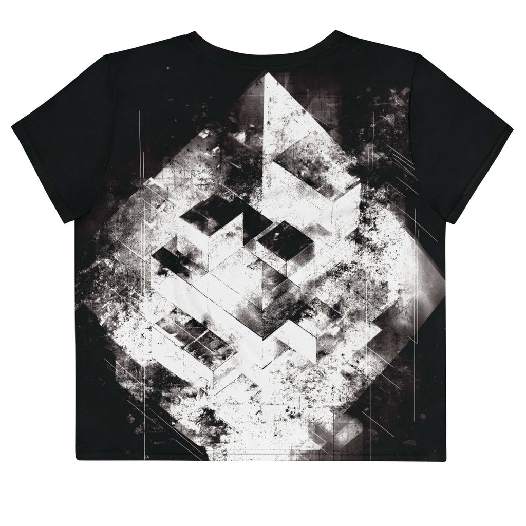 Back view of Women's Era Stamp (No.15) crop top with bold black and white geometries, distressed ink texture, crew neck, short sleeves.