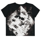 Back view of Women's Era Stamp (No.15) crop top with bold black and white geometries, distressed ink texture, crew neck, short sleeves.